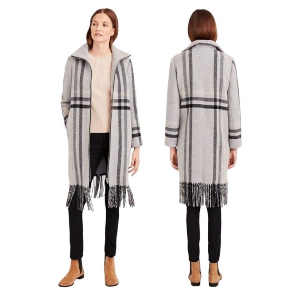 Plaid wool coat with fringe hem